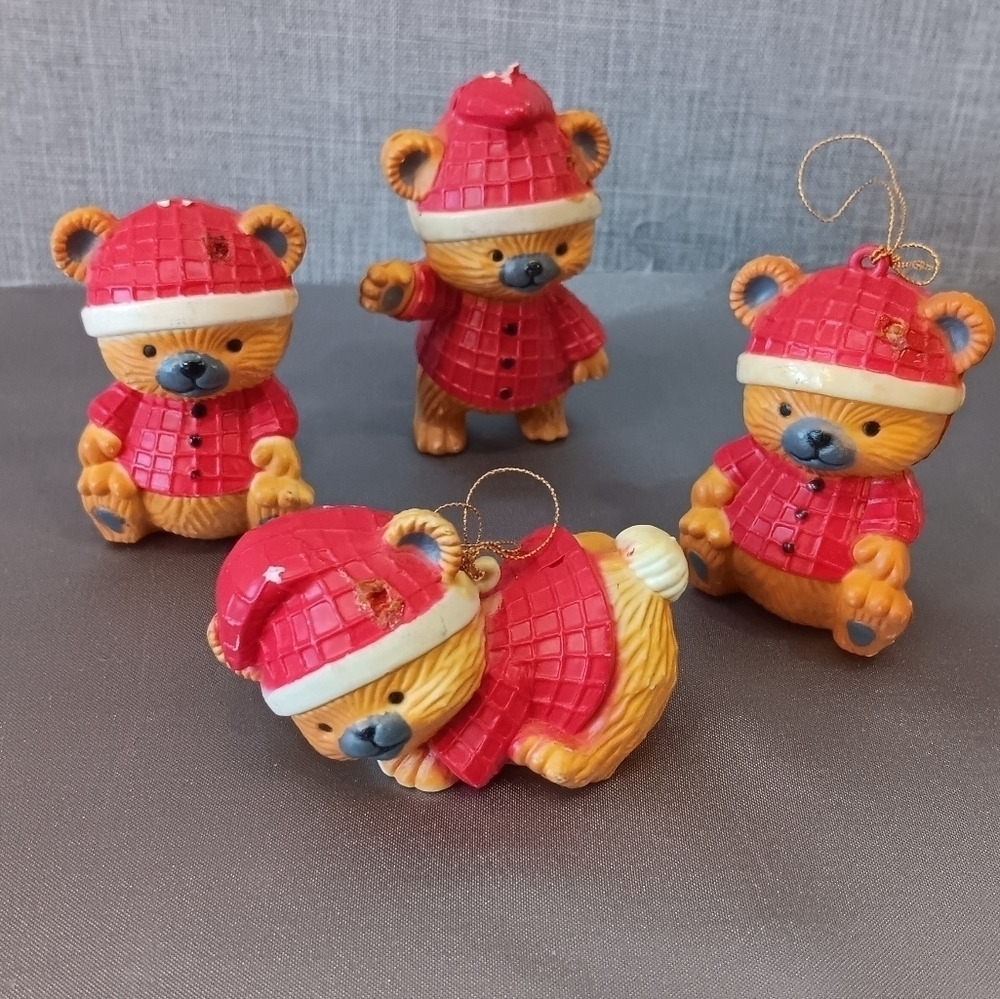 Vtg 80s 90s Teddy Bear Christmas Ornaments Lot 4 Santa Red Plastic Holiday Decor
